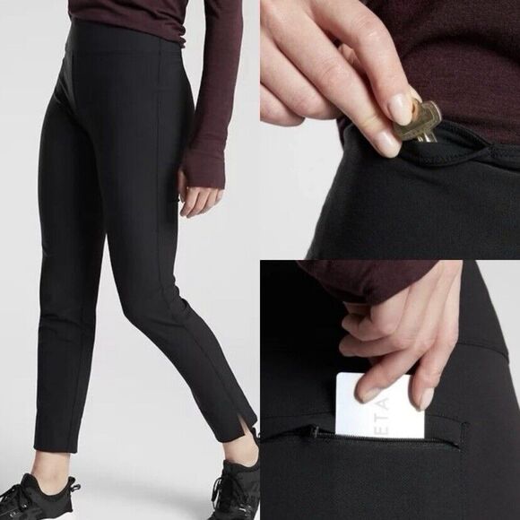 ATHLETA Pants Womens Sz 16 Black Wander Slim Ankle Stretch Side Slit - Picture 11 of 13